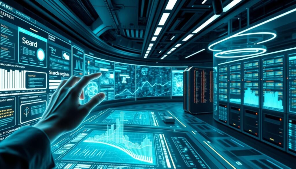 A futuristic control panel filled with holographic interfaces, pulsing data visualizations, and sleek, minimalist design. Bathed in a cool, blue-green glow, the scene evokes an advanced, AI-powered technology hub. In the foreground, a hand hovers over a touchscreen, manipulating complex search algorithms and optimization strategies. The middle ground features a panoramic, 3D visualization of search engine trends, with dynamic graphs and charts mapping the evolving landscape. In the background, a vast, networked data center hums with activity, its servers processing vast troves of information to uncover emerging patterns and opportunities. The overall mood is one of exploration, innovation, and a glimpse into the future of AI-driven search and SEO.