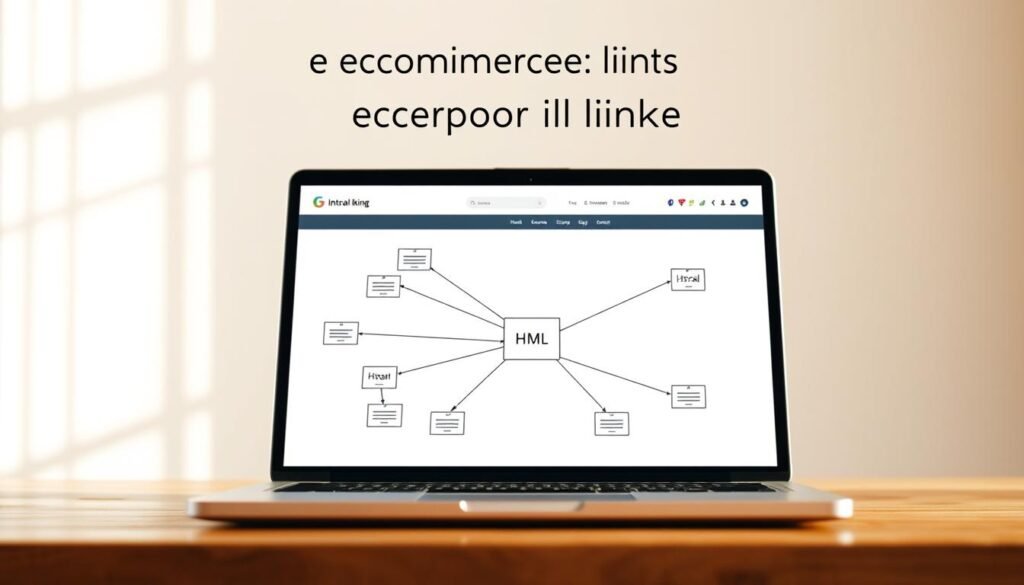 A modern, sleek website with a clean, minimalist design. The foreground features a visually striking diagram showcasing the concept of "internal linking" - multiple web pages connected by hyperlinks, creating a seamless navigation experience for users. The middle ground depicts a laptop displaying the website, with the internal linking diagram prominently featured. The background is a soft, blurred gradient, lending a sense of depth and focus to the main subject. The lighting is warm and natural, with subtle highlights accentuating the clean lines and geometric shapes of the diagram. The overall atmosphere conveys a sense of efficiency, organization, and the importance of strategic internal linking for e-commerce SEO.