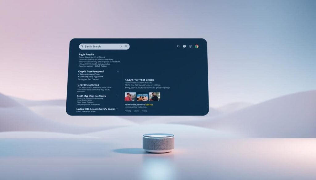 A sleek, modern voice search interface hovers in the foreground, displaying rich search results with detailed information and multimedia content. In the middle ground, a glowing voice assistant device sits on a minimalist desk, ready to respond to queries. The background features a clean, abstract landscape with soft gradients and gentle lighting, creating a serene, futuristic ambiance. The overall scene conveys the power and convenience of voice-driven search, optimized to deliver engaging, visually-rich information that voice assistants can seamlessly read aloud. A sleek, modern voice search interface hovers in the foreground, displaying rich search results with detailed information and multimedia content. In the middle ground, a glowing voice assistant device sits on a minimalist desk, ready to respond to queries. The background features a clean, abstract landscape with soft gradients and gentle lighting, creating a serene, futuristic ambiance. The overall scene conveys the power and convenience of voice-driven search, optimized to deliver engaging, visually-rich information that voice assistants can seamlessly read aloud.