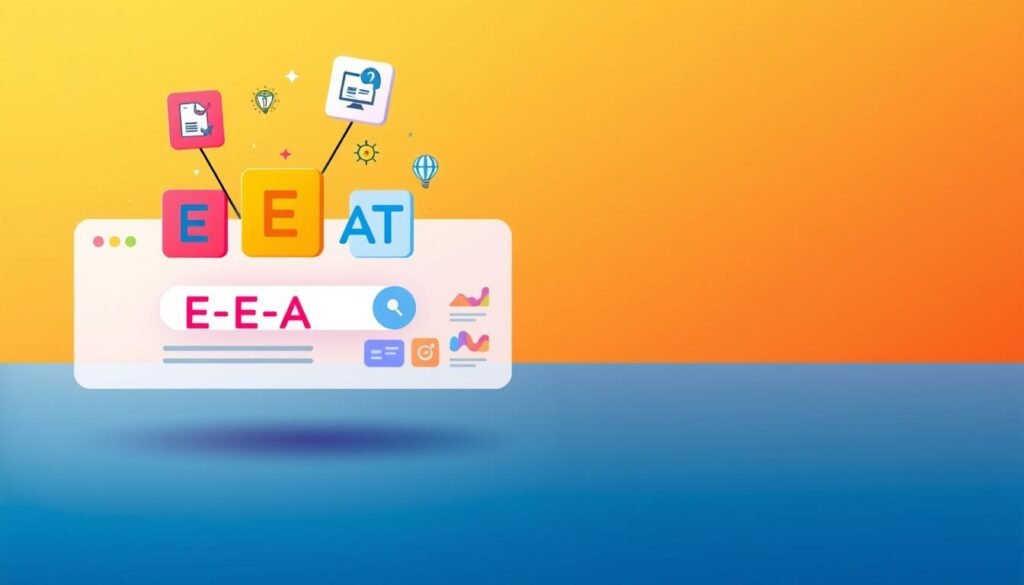 A vibrant and informative visual depicting the core principles of E-E-A-T (Expertise, Experience, Authority, and Trustworthiness) for content optimization. In the foreground, a series of dynamic icons representing these key factors hover over a stylized search engine interface, symbolizing their impact on digital visibility and user engagement. The middle ground features a sleek, minimalist layout showcasing high-quality, visually striking content assets such as infographics, illustrations, and photographs. In the background, a subtle mesh of data visualizations and analytics charts underscores the importance of data-driven content strategies. The overall atmosphere conveys a sense of confidence, clarity, and digital savvy, aligning with the core themes of the article.