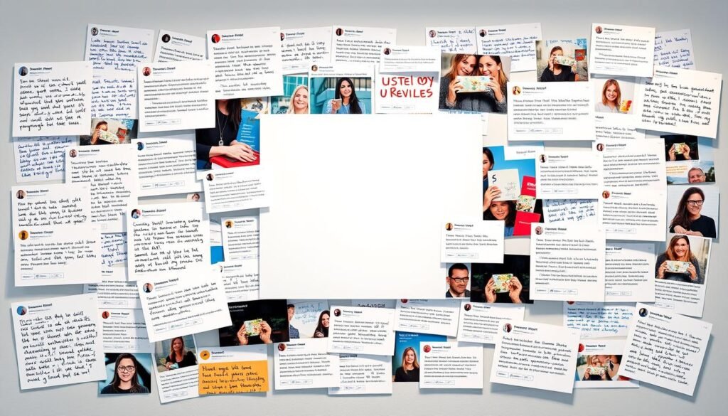 A vibrant collage of customer product reviews, showcased against a modern, minimalist backdrop. In the foreground, a diverse array of handwritten notes, digital screenshots, and social media posts, each reflecting genuine user experiences and sentiments. The middle ground features a clean, uncluttered layout, allowing the reviews to take center stage, highlighted by soft, directional lighting that casts a warm, inviting glow. The background is a simple, muted color palette, providing a sleek, professional canvas to emphasize the authenticity and impact of the user-generated content. The overall composition conveys the power of leveraging reviews and omnichannel distribution to optimize a product page's SEO and build trust with potential customers.