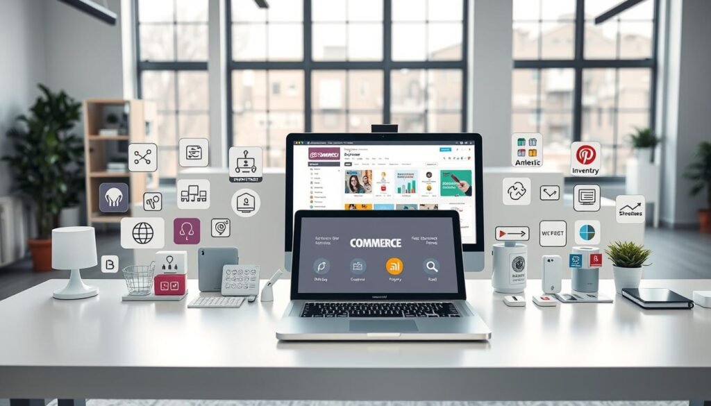 A well-lit, high-resolution image of a variety of BigCommerce store tools, software, and features arrayed on a sleek, modern desk. In the foreground, an array of icons, buttons, and interface elements representing BigCommerce's analytics, SEO, marketing, and inventory management tools. In the middle ground, a laptop displaying the BigCommerce admin dashboard, showcasing the platform's customization and design capabilities. In the background, a clean, minimalist office setting with large windows allowing natural light to stream in, creating a bright, productive atmosphere. The overall scene conveys the power and versatility of the BigCommerce ecosystem in facilitating efficient, high-performing online stores. A well-lit, high-resolution image of a variety of BigCommerce store tools, software, and features arrayed on a sleek, modern desk. In the foreground, an array of icons, buttons, and interface elements representing BigCommerce's analytics, SEO, marketing, and inventory management tools. In the middle ground, a laptop displaying the BigCommerce admin dashboard, showcasing the platform's customization and design capabilities. In the background, a clean, minimalist office setting with large windows allowing natural light to stream in, creating a bright, productive atmosphere. The overall scene conveys the power and versatility of the BigCommerce ecosystem in facilitating efficient, high-performing online stores.