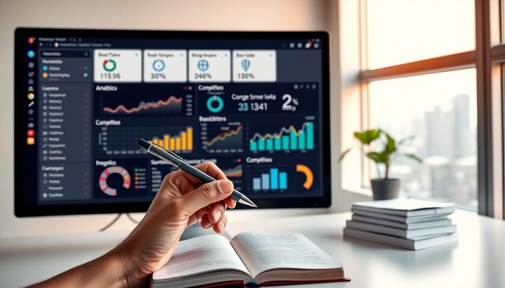 A clean, minimalist office setting with a large computer monitor displaying various analytics dashboards and SEO tools interfaces. In the foreground, a hand holding a pen hovers over a notebook, taking notes on competitor strategies and insights gleaned from the digital tools. Warm, indirect lighting casts a focused, contemplative atmosphere. The background features a neat stack of documents, a potted plant, and a window overlooking a cityscape, symbolizing the broader business and competitive landscape. The overall scene conveys a sense of thoughtful analysis and strategic planning. A clean, minimalist office setting with a large computer monitor displaying various analytics dashboards and SEO tools interfaces. In the foreground, a hand holding a pen hovers over a notebook, taking notes on competitor strategies and insights gleaned from the digital tools. Warm, indirect lighting casts a focused, contemplative atmosphere. The background features a neat stack of documents, a potted plant, and a window overlooking a cityscape, symbolizing the broader business and competitive landscape. The overall scene conveys a sense of thoughtful analysis and strategic planning.