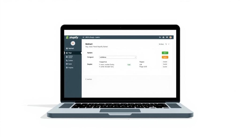 A crisp, well-lit illustration of the Shopify URL redirect management process. In the foreground, a laptop display shows a simple Shopify admin interface with URL redirects configured. The middle ground features a clean, white background with minimalist design elements, emphasizing the technical nature of the task. In the background, a subtle grid pattern suggests the underlying system infrastructure powering the redirects. The overall mood is one of efficiency, control, and clarity - reflecting the importance of effective URL management for Shopify SEO. A crisp, well-lit illustration of the Shopify URL redirect management process. In the foreground, a laptop display shows a simple Shopify admin interface with URL redirects configured. The middle ground features a clean, white background with minimalist design elements, emphasizing the technical nature of the task. In the background, a subtle grid pattern suggests the underlying system infrastructure powering the redirects. The overall mood is one of efficiency, control, and clarity - reflecting the importance of effective URL management for Shopify SEO.