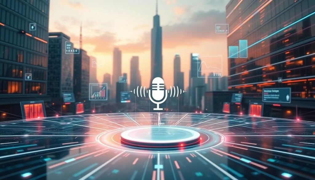 A futuristic digital landscape with a central voice command interface, surrounded by networked devices and data streams. The interface is sleek and minimalist, with a floating microphone icon and pulsing voice visualization. In the background, a cityscape of smart buildings and connected infrastructure, bathed in a warm, neon-tinged lighting. Subtle UI elements and data visualizations hover in the air, reflecting the seamless integration of voice search into the fabric of the urban environment. The overall atmosphere is one of advanced technological sophistication and efficient, voice-driven interactivity.