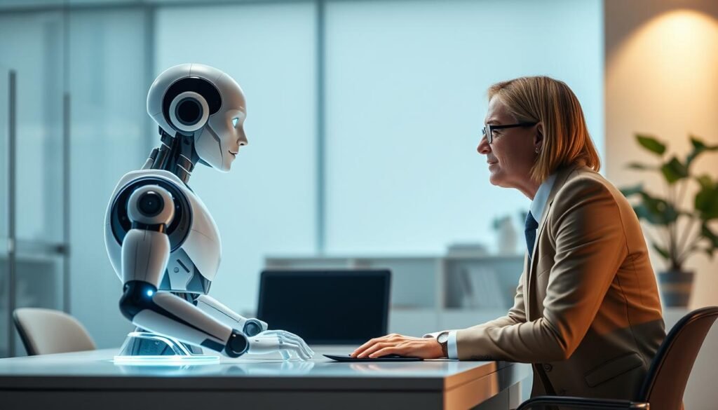 A futuristic office setting with a conversational AI assistant engaging with a human user. Soft, diffused lighting illuminates the scene, creating a warm and inviting atmosphere. The AI, depicted as a sleek, holographic figure, is positioned on the desk, making eye contact with the user and appearing to have a natural, lifelike conversation. The user, dressed in business attire, leans forward intently, their expression conveying a sense of collaboration and understanding. The background features a modern, minimalist workspace with clean lines and subtle technological elements, hinting at the integration of advanced AI capabilities into the e-commerce landscape. The overall composition emphasizes the seamless interaction between human and machine, reflecting the transformative potential of conversational AI in e-commerce search and optimization.