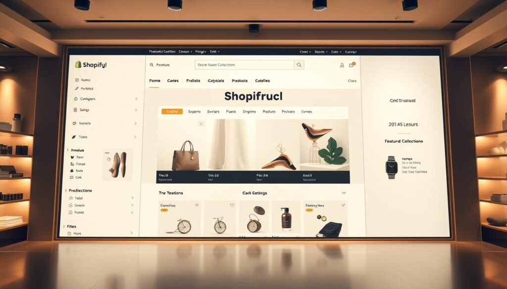 A modern, sleek Shopify store structure with a clean, minimalist design. The storefront features a large hero image showcasing the brand's products, flanked by streamlined navigation menus and a search bar. The middle ground includes well-organized product categories, featured collections, and user-friendly filtering options. In the background, a subtle grid-based layout provides a sense of structure and hierarchy, complemented by subtle brand colors and elegant typography. Warm, directional lighting illuminates the scene, casting soft shadows and highlights to create depth and dimension. The overall atmosphere conveys a sophisticated, user-centric shopping experience.