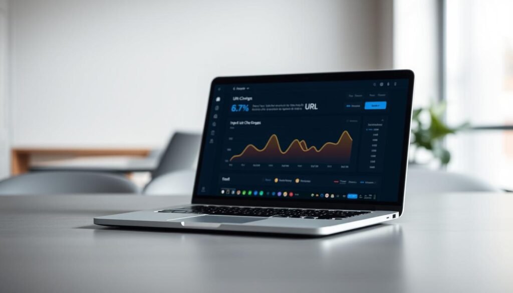A sleek, minimalist desktop scene with a laptop in the foreground, its screen displaying a URL analytics dashboard. The laptop sits on a muted grey surface, with a clean, clutter-free workspace. Soft, directional lighting casts subtle shadows, highlighting the laptop's features. In the middle ground, a stylized graph or chart visualizes the impact of URL changes, using clean lines and a color palette that complements the overall scene. The background is blurred, suggesting an office or workspace environment, but remains uncluttered to maintain focus on the central elements. The overall mood is one of productivity, analysis, and a dedication to understanding the impact of URL structure on search engine optimization. A sleek, minimalist desktop scene with a laptop in the foreground, its screen displaying a URL analytics dashboard. The laptop sits on a muted grey surface, with a clean, clutter-free workspace. Soft, directional lighting casts subtle shadows, highlighting the laptop's features. In the middle ground, a stylized graph or chart visualizes the impact of URL changes, using clean lines and a color palette that complements the overall scene. The background is blurred, suggesting an office or workspace environment, but remains uncluttered to maintain focus on the central elements. The overall mood is one of productivity, analysis, and a dedication to understanding the impact of URL structure on search engine optimization.