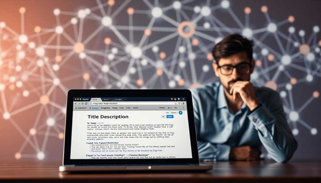 A vibrant and informative image showcasing the optimization of meta descriptions and page titles. In the foreground, a laptop screen displays a web page's metadata, with the title and description prominently featured. Behind it, a thoughtful designer ponders the impact of these elements on search engine visibility and user engagement. The middle ground features a search engine results page, illustrating how optimized metadata can elevate a website's positioning. In the background, a network of interconnected nodes and data streams represent the intricate web of digital marketing strategies. Soft, warm lighting sets a contemplative mood, while a clean, minimalist aesthetic emphasizes the technical precision required for effective on-page optimization.