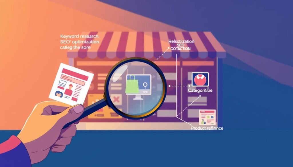 A vibrant, step-by-step illustration showcasing the optimization process for a Shopify store. In the foreground, a hand holds a magnifying glass, carefully inspecting product details. In the middle ground, various optimization tactics are depicted: keyword research, SEO optimization, product categorization, and layout refinement. The background features a sleek, modern Shopify storefront, bathed in warm, directional lighting that casts subtle shadows, creating depth and visual interest. The overall atmosphere conveys a sense of focus, diligence, and a methodical approach to enhancing the store's online presence and discoverability. A vibrant, step-by-step illustration showcasing the optimization process for a Shopify store. In the foreground, a hand holds a magnifying glass, carefully inspecting product details. In the middle ground, various optimization tactics are depicted: keyword research, SEO optimization, product categorization, and layout refinement. The background features a sleek, modern Shopify storefront, bathed in warm, directional lighting that casts subtle shadows, creating depth and visual interest. The overall atmosphere conveys a sense of focus, diligence, and a methodical approach to enhancing the store's online presence and discoverability.