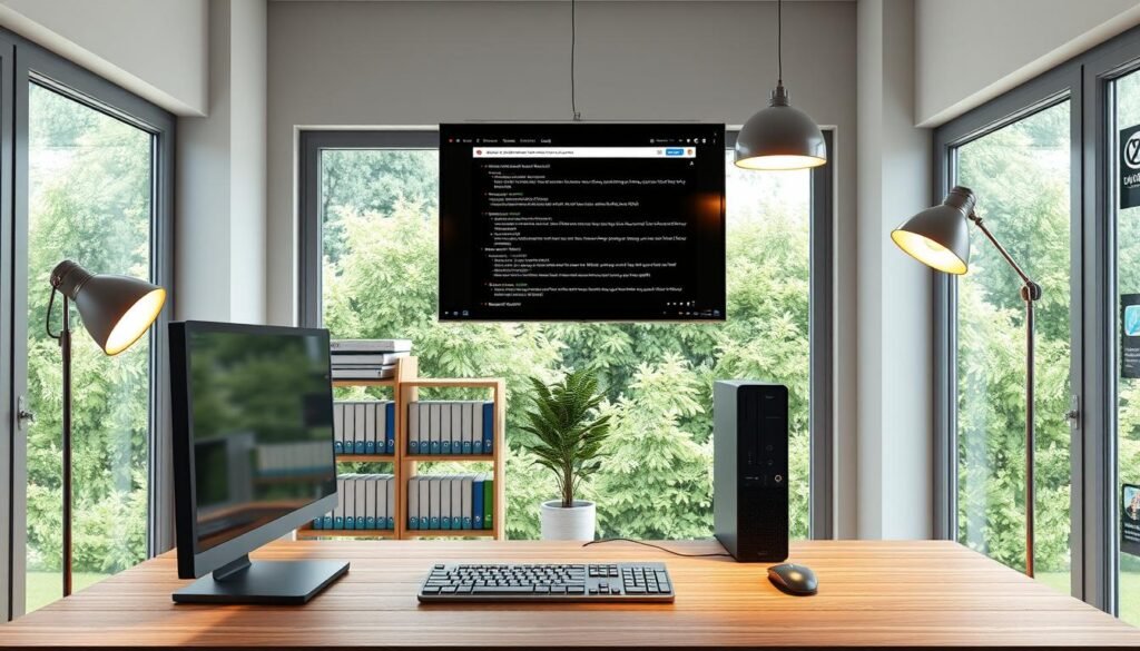 A well-lit, high-resolution 3D render of a modern home office workspace. In the foreground, a sleek desktop computer, keyboard, and mouse are neatly arranged on a wooden desk. Hanging above the desk, a wall-mounted monitor displays a web browser window with detailed metadata and URL structures. In the middle ground, a bookshelf filled with technical manuals and a potted plant add depth and balance. The background features large windows overlooking a lush, verdant garden, creating a serene and productive atmosphere. Warm, directional lighting from floor lamps and a pendant fixture accentuate the clean, professional aesthetic. A well-lit, high-resolution 3D render of a modern home office workspace. In the foreground, a sleek desktop computer, keyboard, and mouse are neatly arranged on a wooden desk. Hanging above the desk, a wall-mounted monitor displays a web browser window with detailed metadata and URL structures. In the middle ground, a bookshelf filled with technical manuals and a potted plant add depth and balance. The background features large windows overlooking a lush, verdant garden, creating a serene and productive atmosphere. Warm, directional lighting from floor lamps and a pendant fixture accentuate the clean, professional aesthetic.
