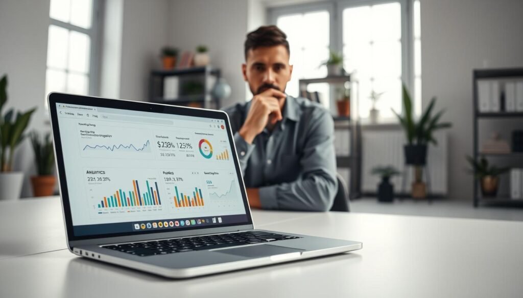 A well-lit studio scene showcasing the measurement of e-commerce authority. In the foreground, a laptop displays analytics data and charts tracking website traffic, engagement, and online reputation. In the middle ground, a person examines the data intently, hand on chin in a thoughtful pose. The background features a minimalist office setting with potted plants, shelves of books, and soft, diffused lighting from windows, creating a calm, professional atmosphere. The overall mood is one of focused analysis, highlighting the importance of data-driven decision making in building e-commerce authority.