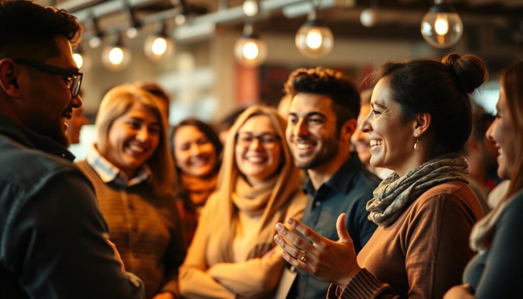 An intimate gathering of diverse customers, each with a unique story, engaged in animated conversations. The scene is bathed in a warm, inviting glow from soft, overhead lighting, creating a sense of camaraderie and trust. In the foreground, a customer enthusiastically shares their positive experience, gesturing with their hands to emphasize their points. In the middle ground, others nod in agreement, faces alight with genuine interest and satisfaction. The background is softly blurred, drawing the viewer's focus to the central figures and their authentic, compelling advocacy. The overall atmosphere exudes a palpable sense of community, loyalty, and the power of word-of-mouth marketing.